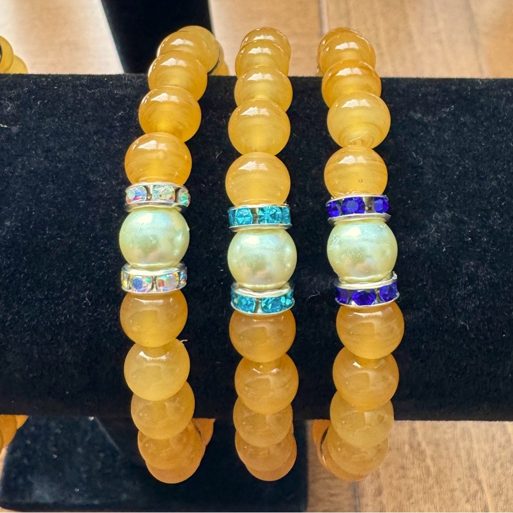 Golden Yellow Bead Bracelets with Simulated Pearl & Rhinestone Spacers - Picture 7 of 9